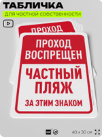 Табличка для частной территории "Проход воспрещен, частный пляж", на дом, для участка, организаций, предупреждающая, 40х30 см, Silver Plane x Айдентика Технолоджи