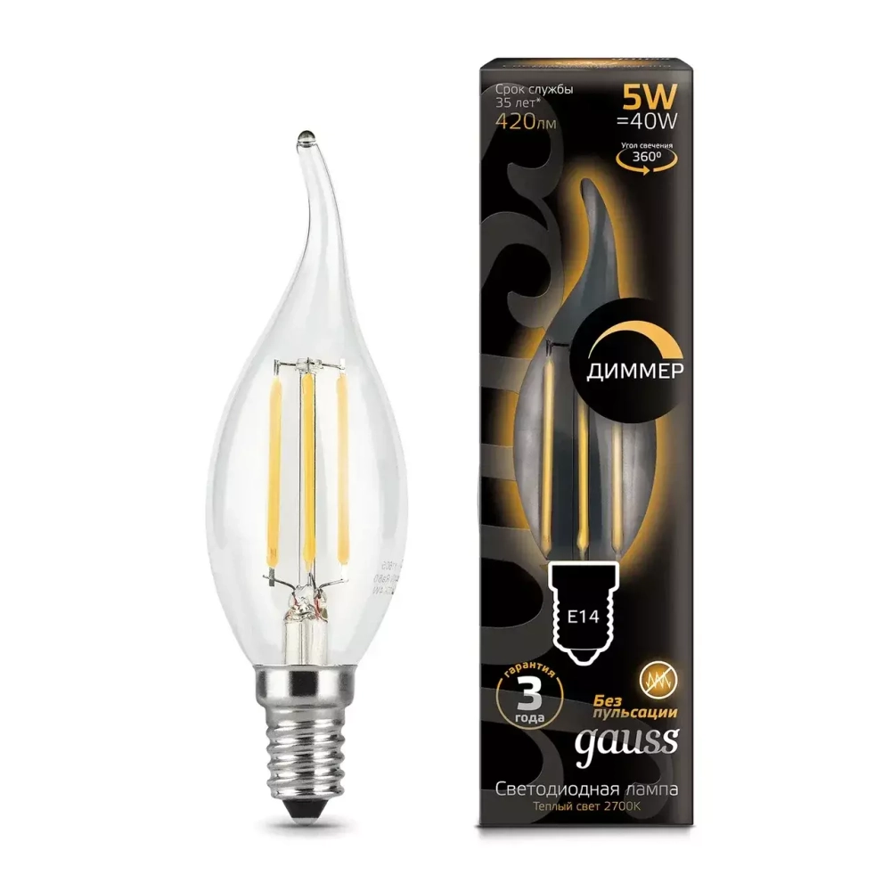 Лампа Gauss LED Filament Свеча на ветру 5W E14 420 lm 2700K  диммир. 104801105-D