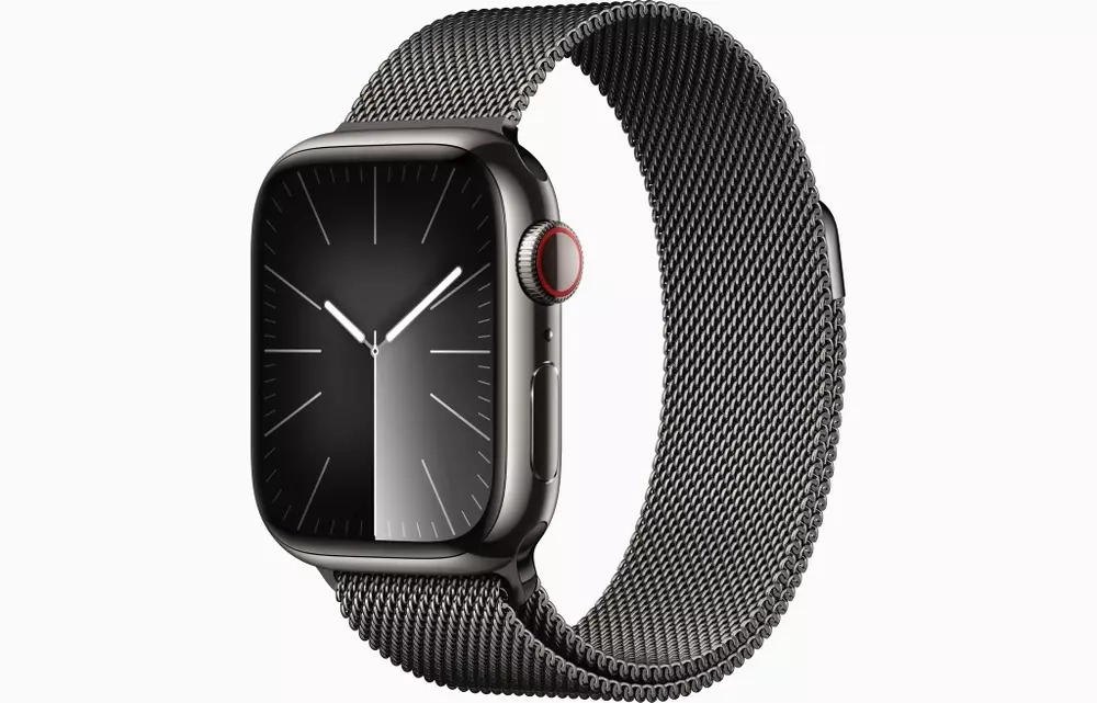 Apple Watch Series 9, 41 мм, из стали цвета «графит», миланский сетчатый браслет