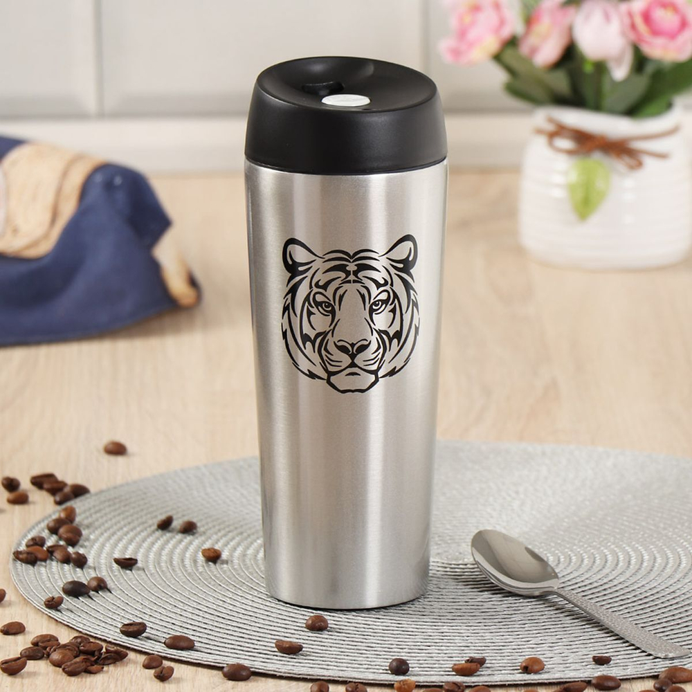 Термокружка для напитков, нерж, 0.45 л, узк.горл, Daniks, Тигр, колба нерж сталь, SL-NT007-2