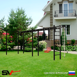 Уличная шведская стенка Sv Sport рукоход х 2 с комплектом турник прямой У53833 (Турник/Со спинкой/Кронш бокс/Канат/кольца/лестница)