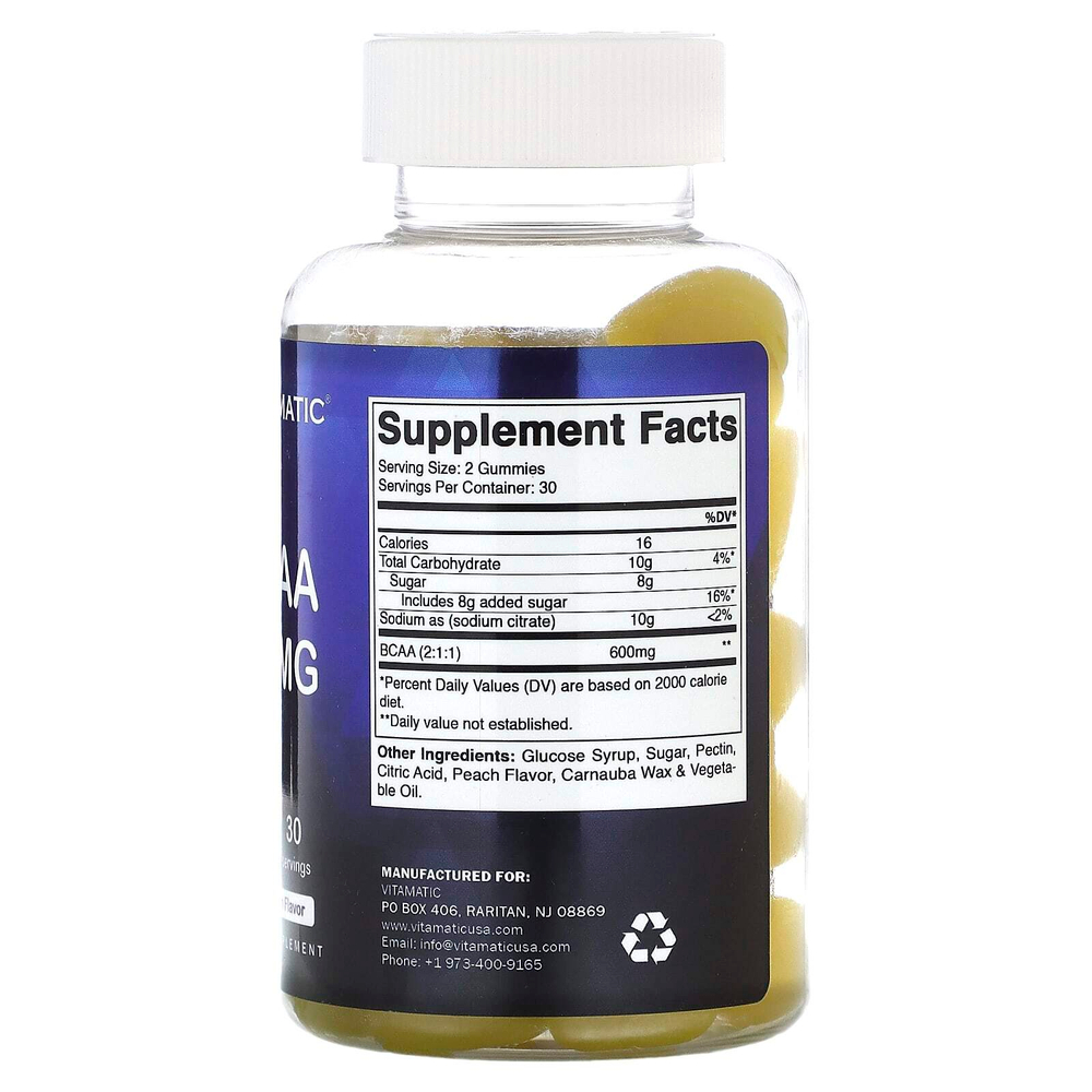 Vitamatic, BCAA, натуральный персик, 600 мг, 60 жевательных мармеладок (300 мг в 1 жевательной таблетке)