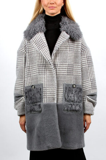 Пальто DiegoM 509 серый гусиная лапка ворот мех