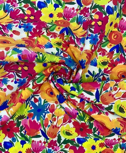 Коттон принт, цветы желтый/оранж/красный/синий на белом DGT