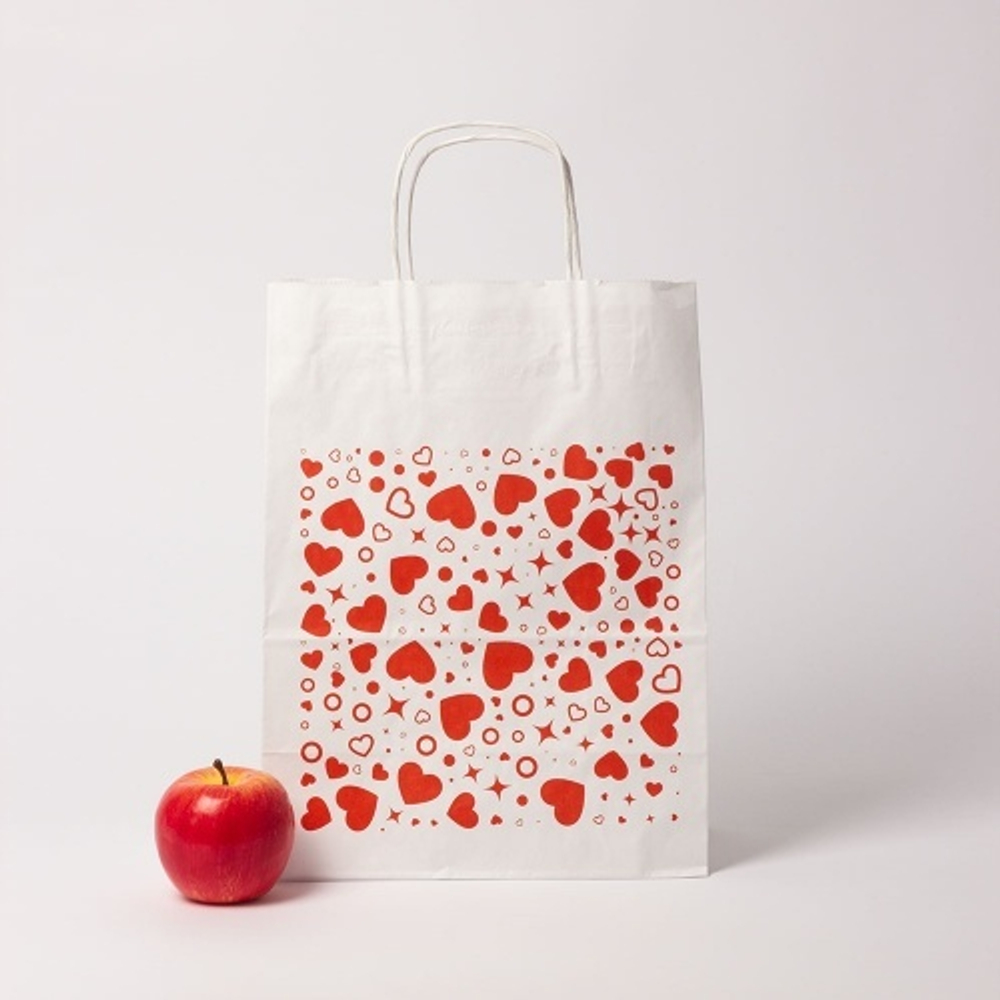 Пакеты бумажные, 26x35x14, "Сердечки и звездочки", белый