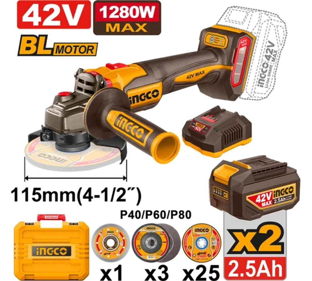 Аккумуляторная угловая шлифовальная машина (УШМ) INGCO CAGLI4128112 INDUSTRIAL 42 В 115 мм 2х2,5 Ач