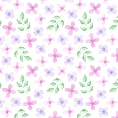 Весенний принт. Розовые и сиреневые цветы, весенняя зелень. Цветочный принт