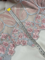 Кружево голубое с розовыми цветами и узорами 140-185 мм