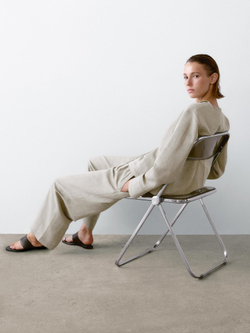 Massimo Dutti Брюки с принтом в клетку из льняной смеси, бежевый