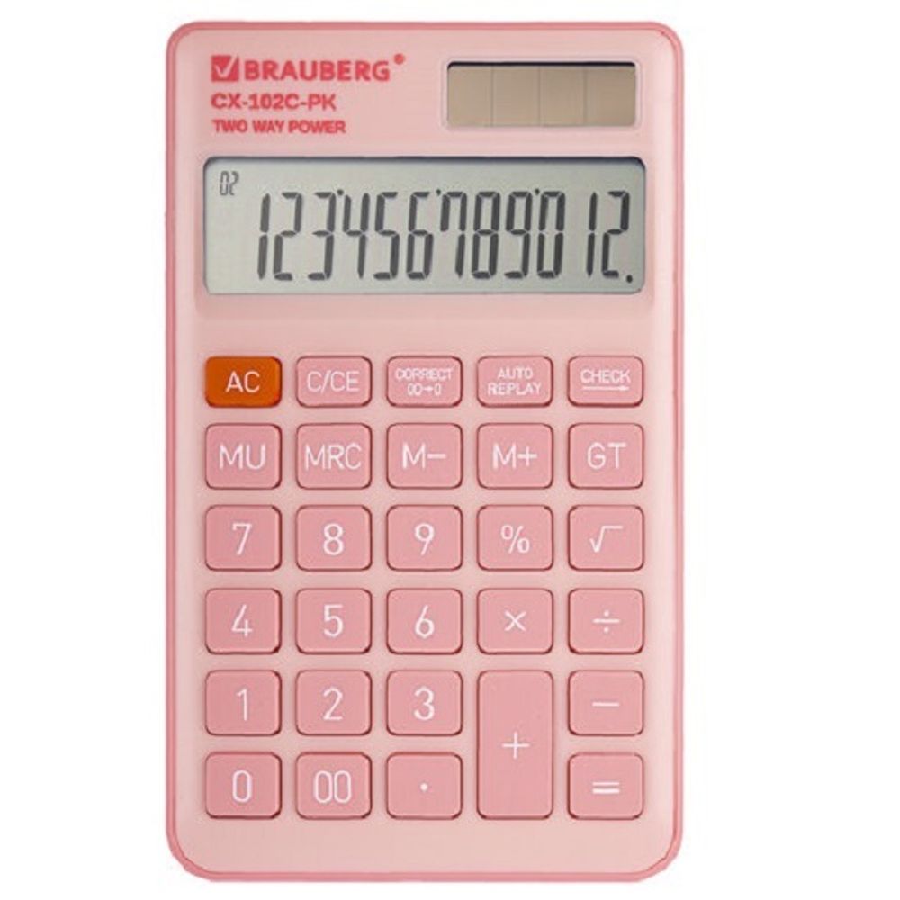 Калькулятор карманный Brauberg, 12 разрядов, CX-102C-PK, двойное питание, 76х126х9мм, розовый