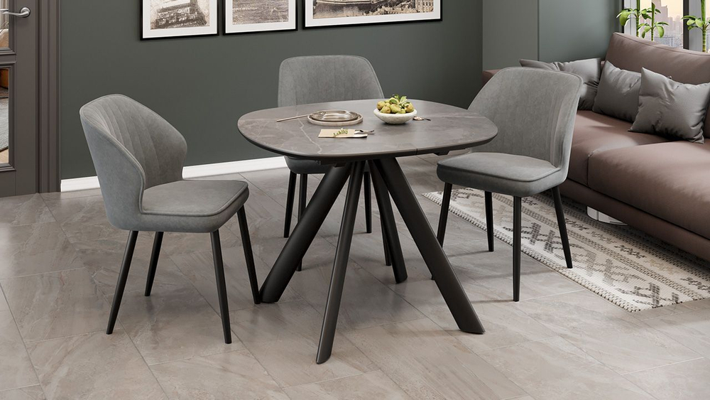 Стол кухонный обеденный раздвижной Черный муар/Керамика матовая серый мрамор 100(135)х90х76 см