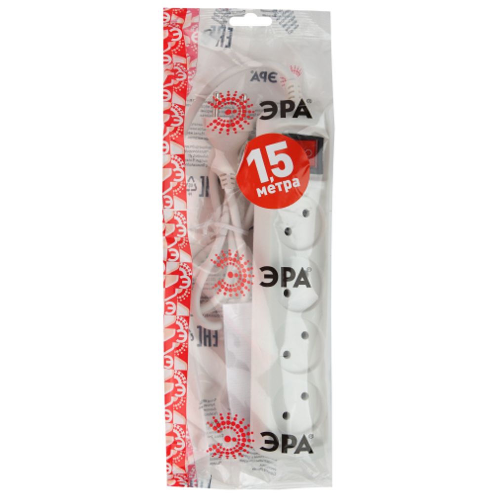 Удлинитель электрический ЭРА U-4s-1,5m-2x1 без заземления c выключателем 4 розетки 1,5м ПВС 2x1мм2 10А