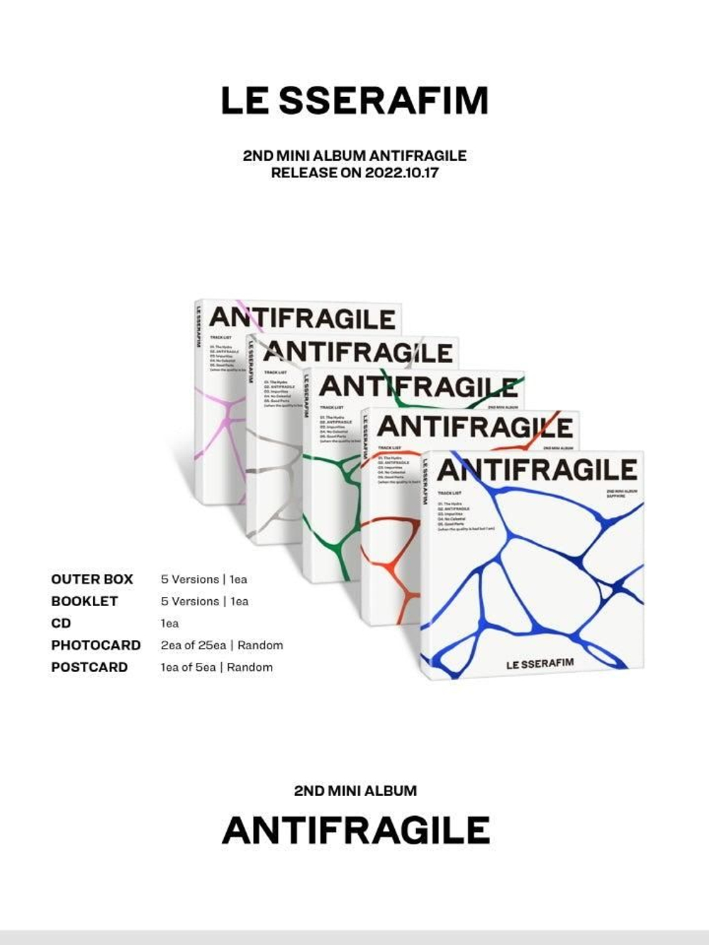 Альбом LE SSERAFIM - ANTIFRAGILE 2nd Mini Album COMPACT 5 Version SET