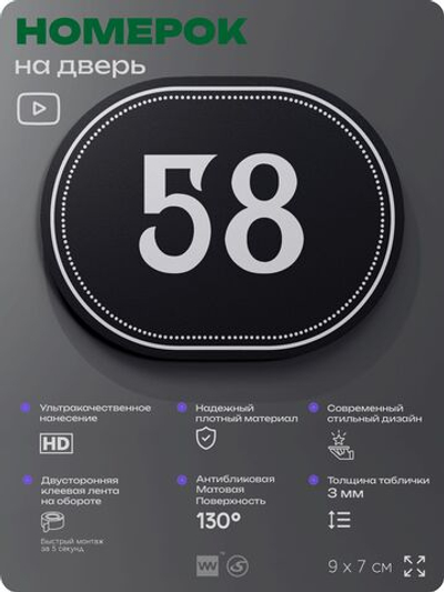 Номерок на дверь квартиры 58, для кабинета, офиса, шильдик 9 х 7 см, черный, Айдентика Технолоджи
