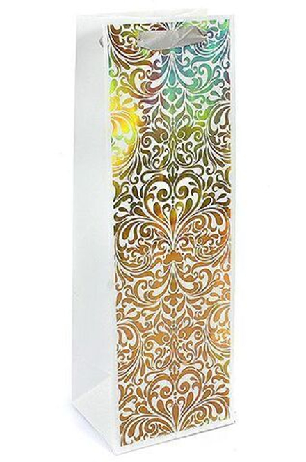 Пакет подарочный для вина, Золотые листья, Белый, Металлик, 36*12*10 см, 1 шт.