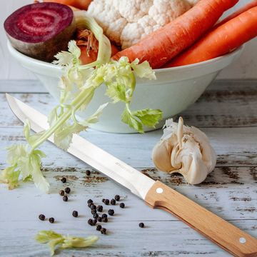 Нож кухонный разделочный для мяса из нержавеющей стали Kamille КМ-5316 (лезвие 20 см, рукоятка 12,5 см) из нержавеющей стали с деревянной ручкой