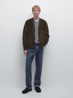 Massimo Dutti Вязаный кардиган из смеси шерсти и кожи, коричневый