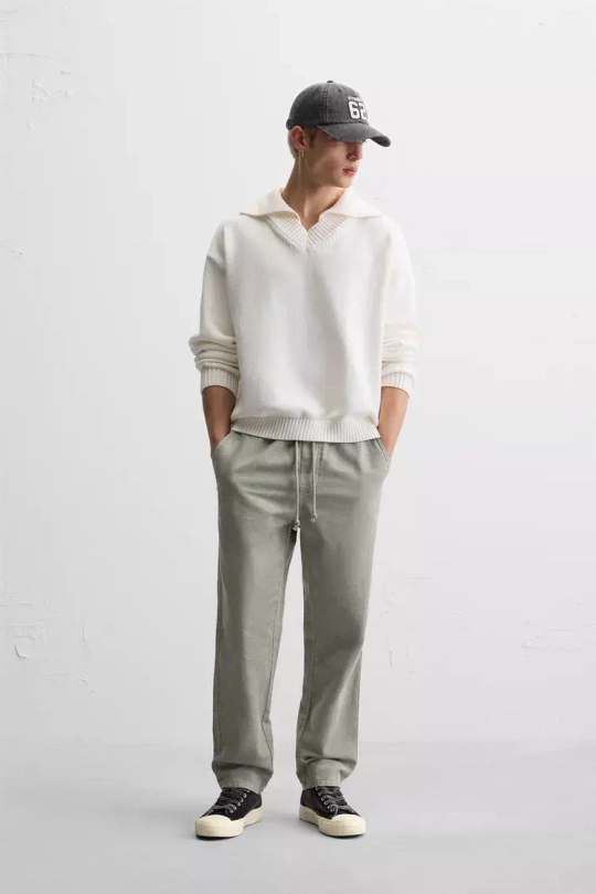 ZARA БРЮКИ ИЗ ХЛОПКА И ЛЬНА, СВЕТЛЫЙ ХАКИ