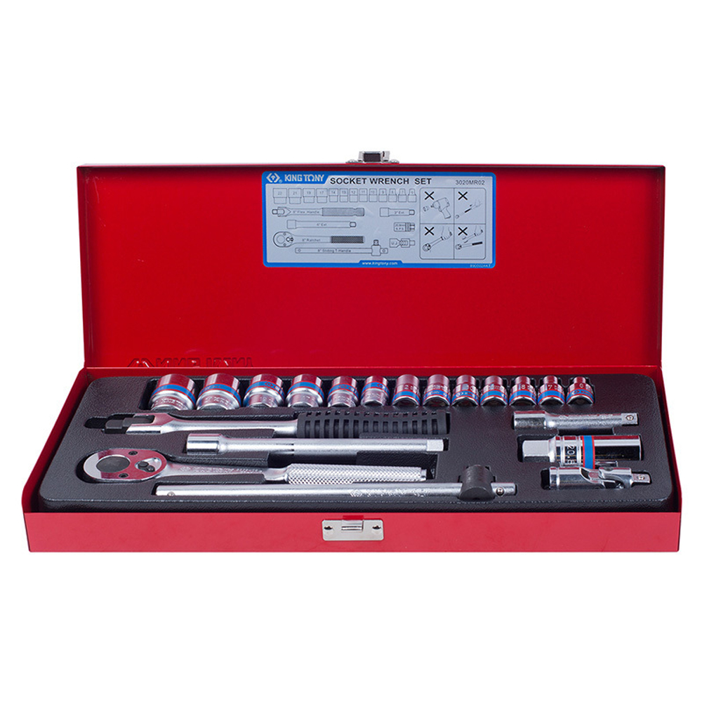 Набор торцевых головок с принадлежностями 3/8", двенадцатигранные, 6-22 мм 20 предмета KING TONY 3020MR02