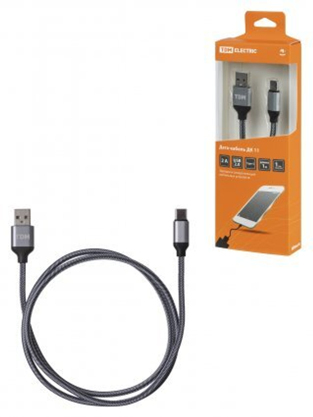 Дата-кабель, ДК 11, USB - USB Type-C, 1 м, тканевая оплетка, серый, TDM SQ1810-0311