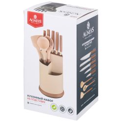 НАБОР AGNESS ИЗ 9ПР: 5 НОЖЕЙ, ПОЛОВНИК, ЛОПАТКА И ШУМОВКА, ПОДСТАВКА