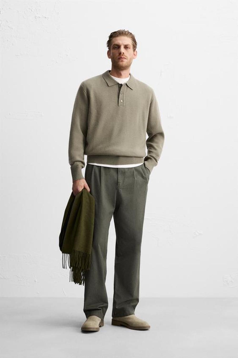 ZARA ПОЛО ИЗ СМЕСОВОЙ ШЕРСТИ, ШАЛФЕЙНО-ЗЕЛЕНЫЙ