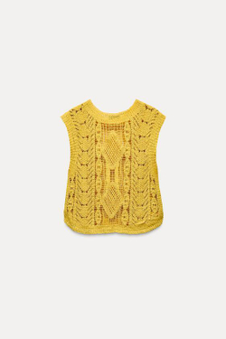 ZARA ТОП-ЖИЛЕТ ИЗ КРУЖЕВА КРОШЕ, ГОРЧИЧНЫЙ