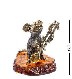 Народные промыслы AM-1118 Фигурка «Мышь с ложкой-Доллар» (латунь, янтарь)
