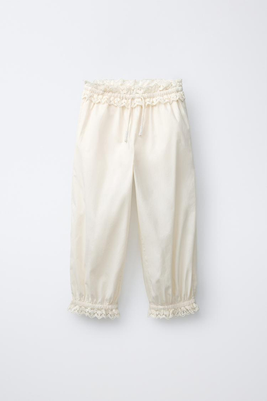 ZARA БРЮКИ С КРУЖЕВОМ, ЭКРЮ