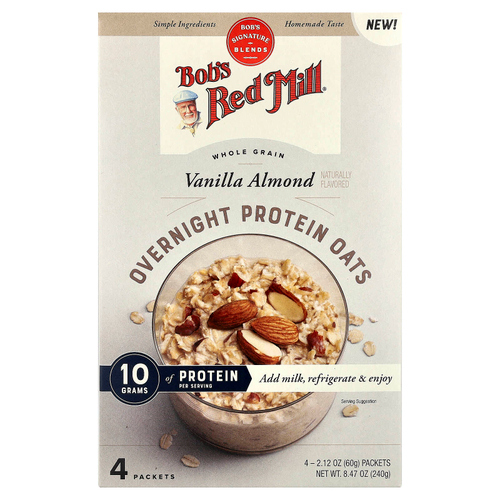Bob's Red Mill, Overnight Protein Oats, цельнозерновые продукты, ваниль и миндаль, 4 пакетика по 60 г (2,12 унции)