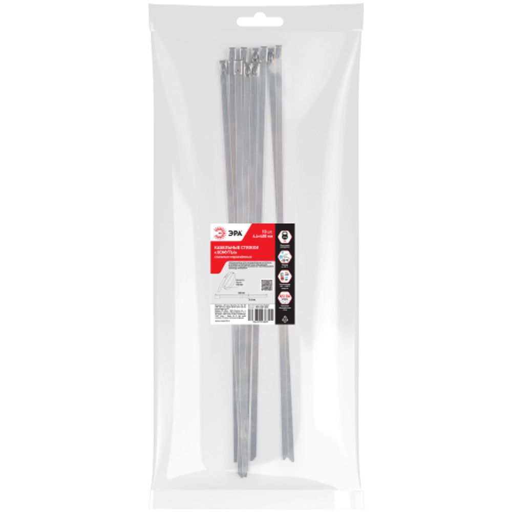 Кабельная стяжка (хомут) стальная AISI 304 ЭРА NO-225-250 4.6 x 400 мм 10 шт | Кабельные стяжки (хомуты) стальные