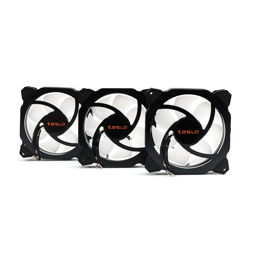 Комплект из 3 вентиляторов TESLA RGB120-RB3, 120мм, 1200rpm, 3-pin+Molex, черный-белый/FRGB, 38CFM, 21дБ, антивибропрокладки (TSL-120-RB3)
