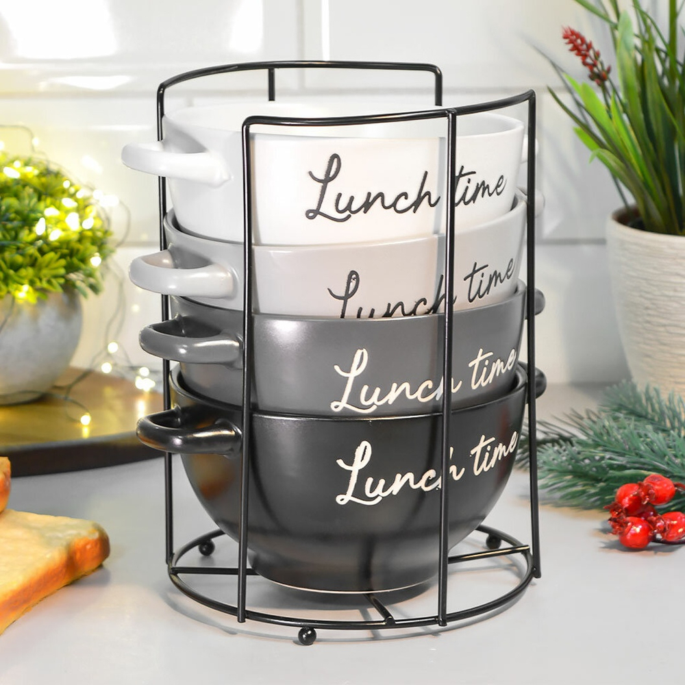 Набор бульонниц 4 предмета 650мл на подставке "Время ланча"