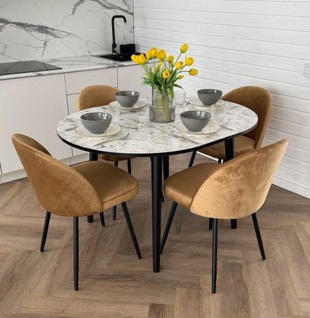 Круглый раздвижной стол Итальянский мрамор и 4 стула Элион Капучино