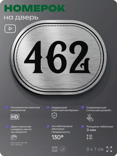 Номерок на дверь квартиры 462, для кабинета, офиса, шильдик 9 х 7 см, брашированная сталь, Айдентика Технолоджи