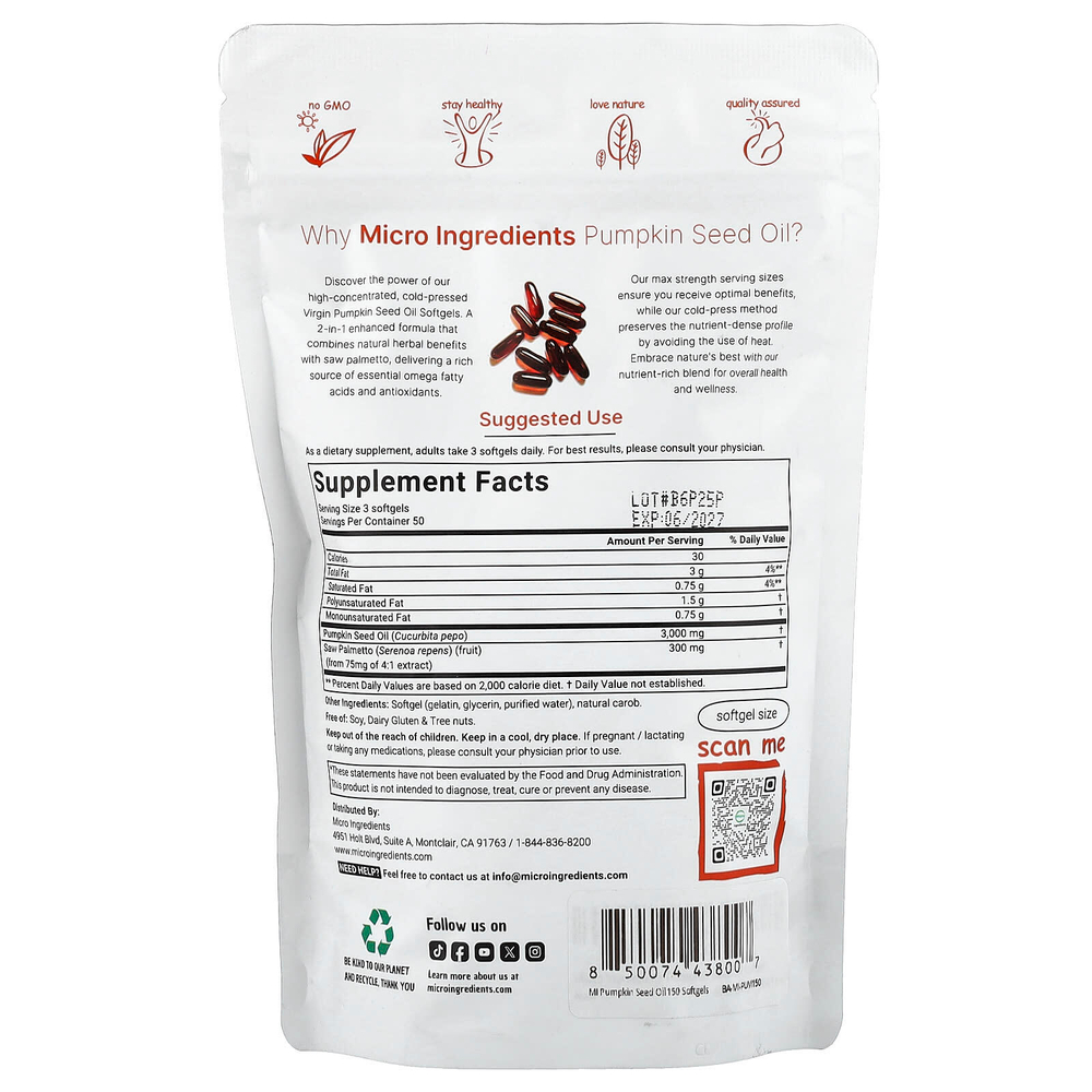 Micro Ingredients, тыквенное масло, холодный отжим, 150 капсул (1000 мг в 1 капсуле)