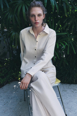 ZARA РУБАШКА ИЗ ПОПЛИНА В ПОЛОСКУ, ЖЕЛТОВАТО-БЕЛЫЙ