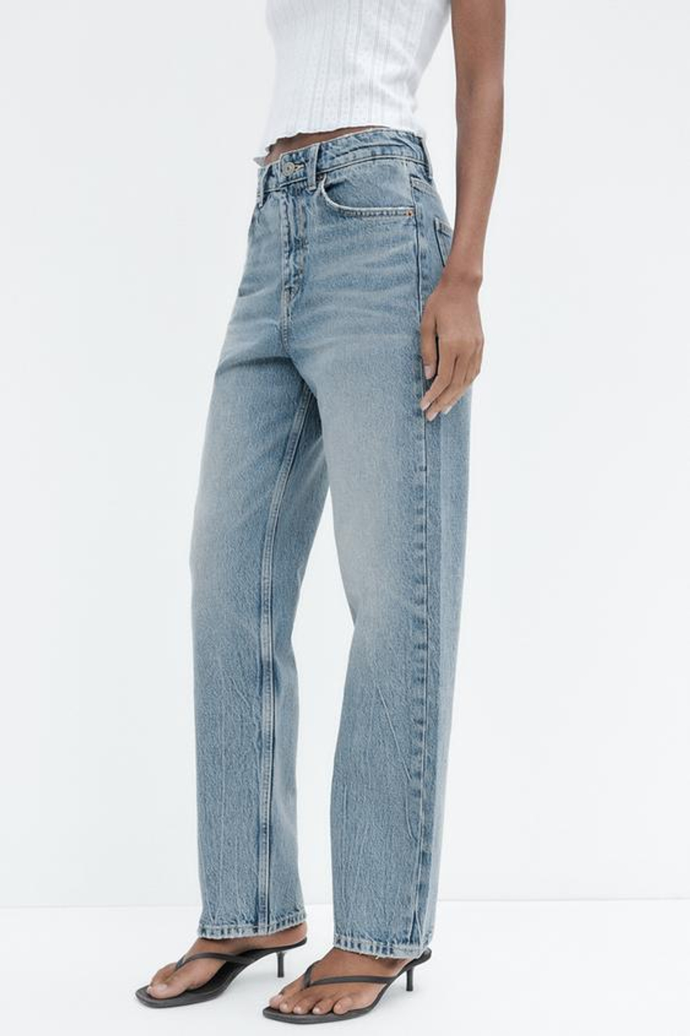 ZARA ДЖИНСЫ TRF MOM FIT HIGH WAIST, СЕРО-СИНИЙ