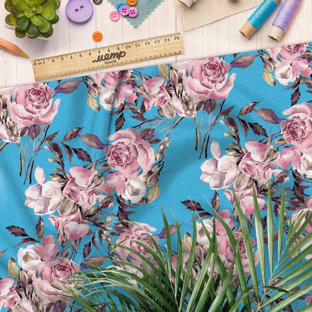 Ткань дюспо розовые пионы с листьями