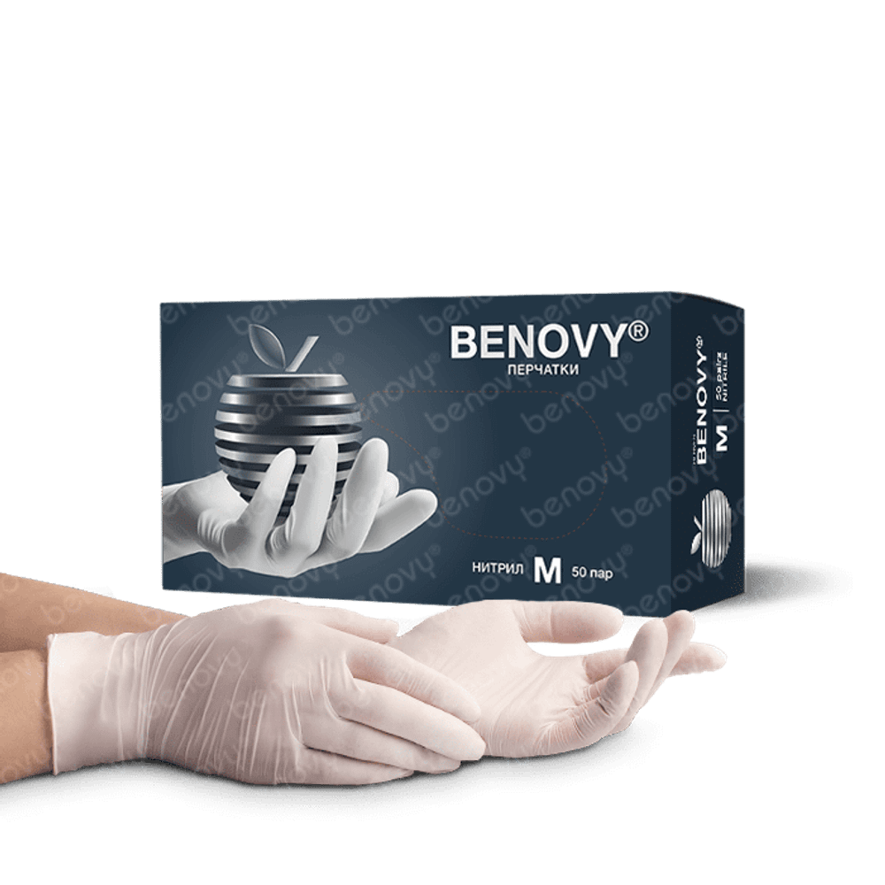 Перчатки BENOVY медицинские диагностические (смотровые) одноразовые нестерильные «BENOVY» нитриловые, белые, 50пар/уп