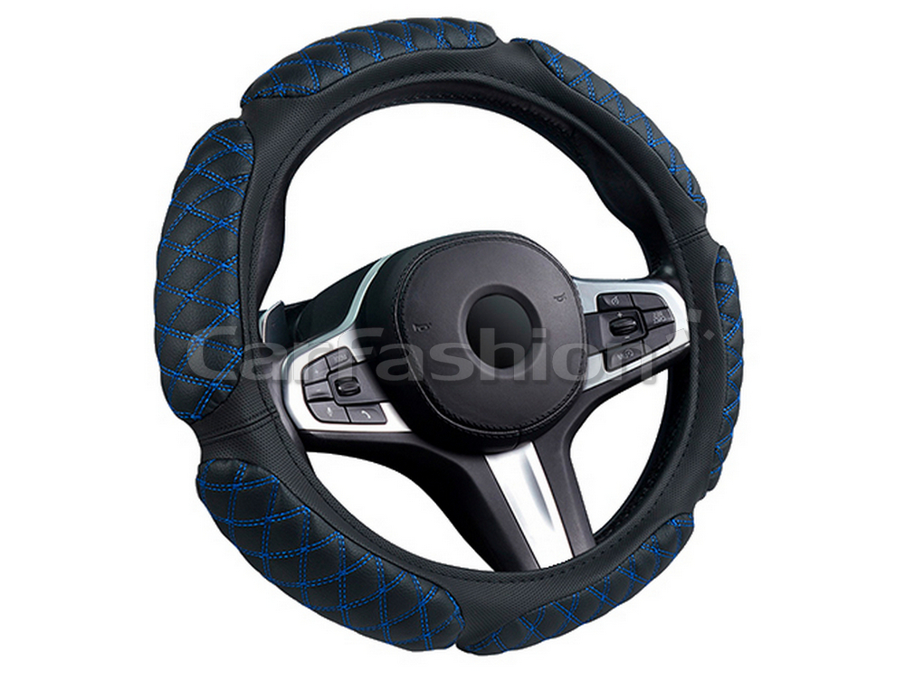 Оплетка на руль круглая CarFashion -М- «SCOTCH» 31655 - Экокожа - черный/черный/шов синий