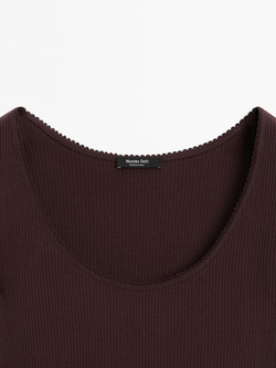 Massimo Dutti Футболка из хлопка с отделкой кружевом, коричневый