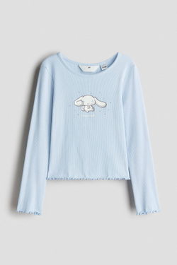 H&M Лонгслив из хлопка с принтом, светло-голубой