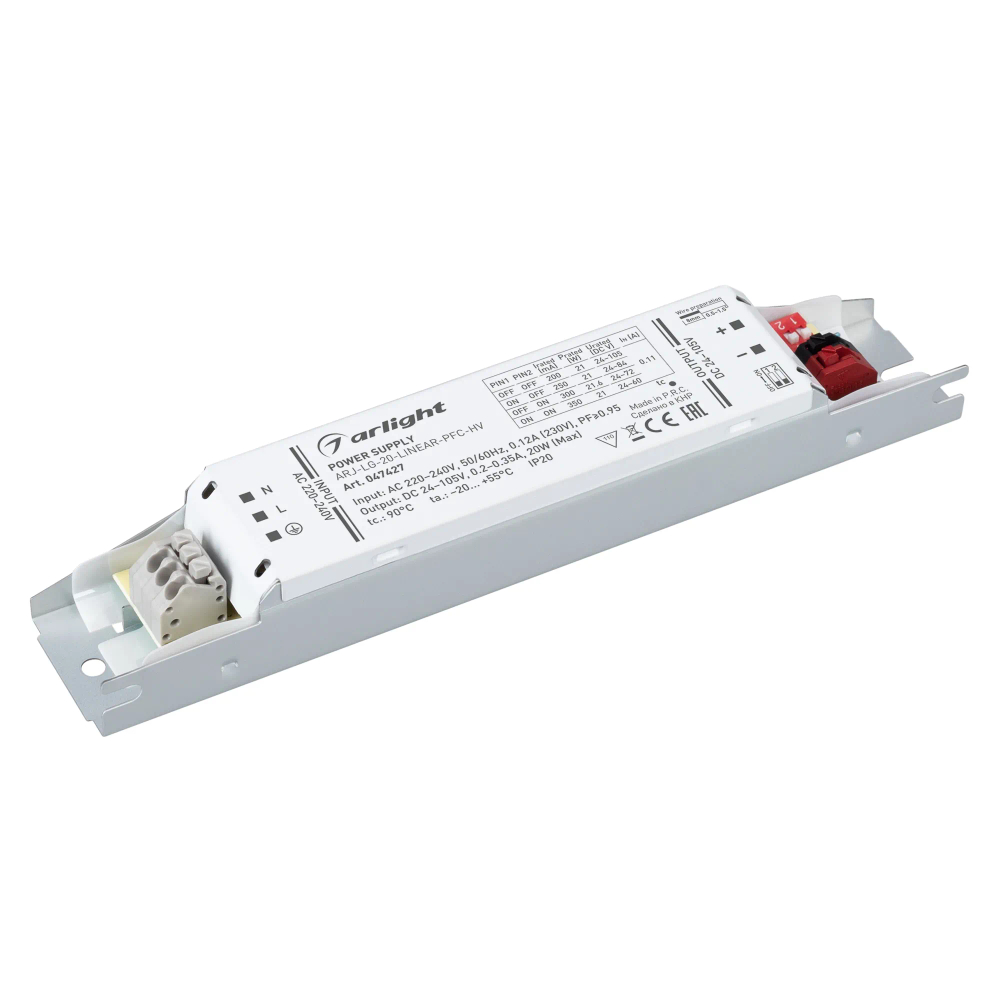 Блок питания ARJ-LG-20-LINEAR-PFC-HV (20W, 24-105V, 0.2-0.35A) (Arlight, IP20 Металл, 5 лет) 047427