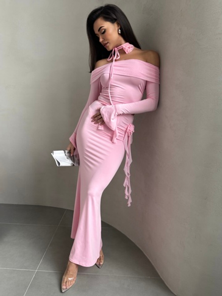 Женский костюм топ с юбкой воланы с розой розовый