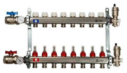 Коллектор Stout 1" x 3/4" на 8 контуров с расходомерами в сборе (нерж. сталь) SMS-0907-000008