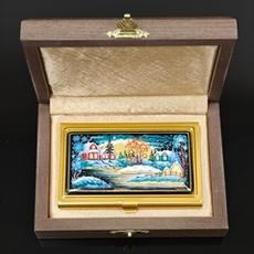 Коллекционная визитница "Зимняя деревенька" №3 с ручной росписью Палех в футляре