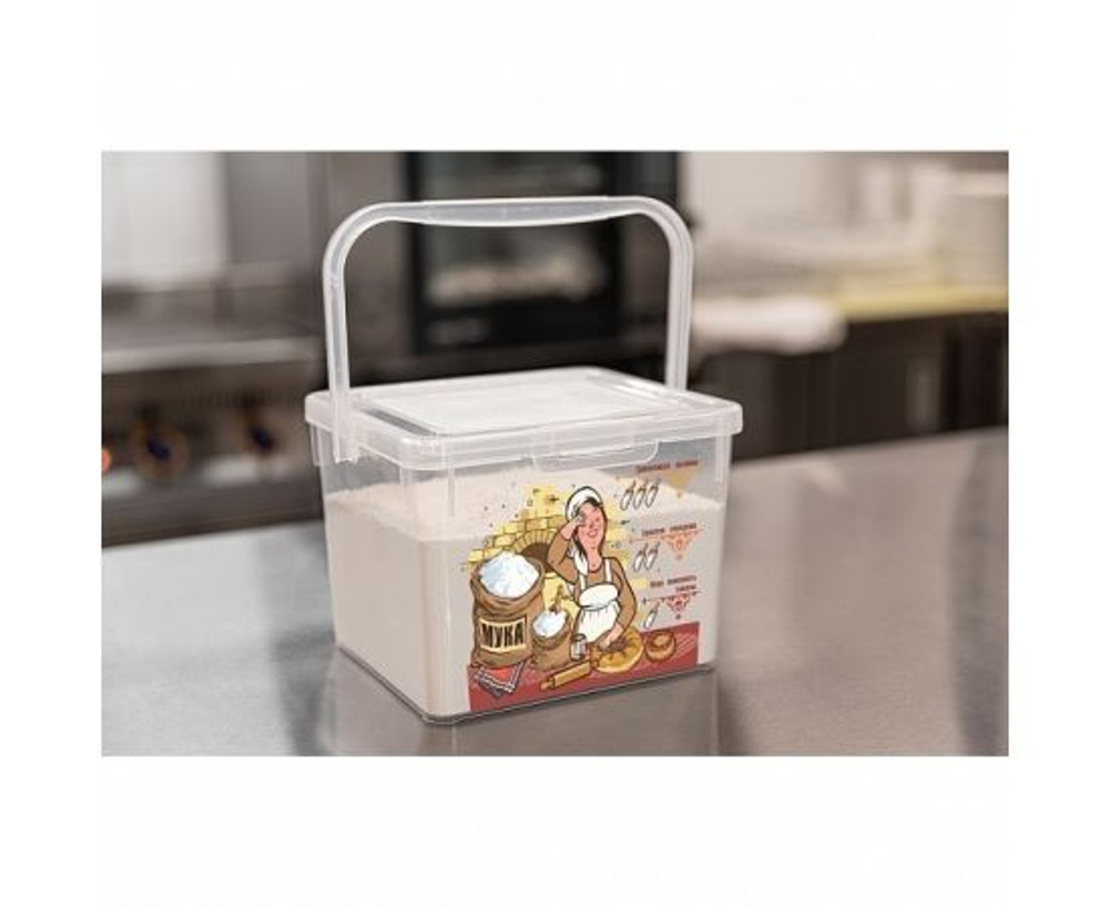 Контейнер для хранения муки, сыпучих продуктов 5,3 л пластиковый, большой, прозрачный с крышкой и ручкой