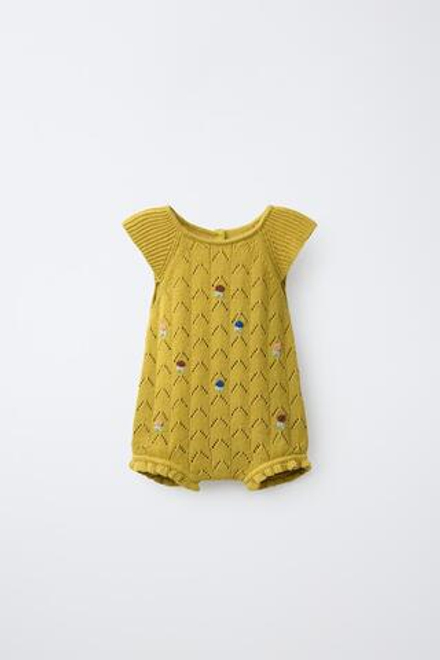 ZARA ТРИКОТАЖНЫЙ ПЕСОЧНИК С ЦВЕТОЧНОЙ ВЫШИВКОЙ, ЦВЕТ ОЛИВКОВОГО МАСЛА