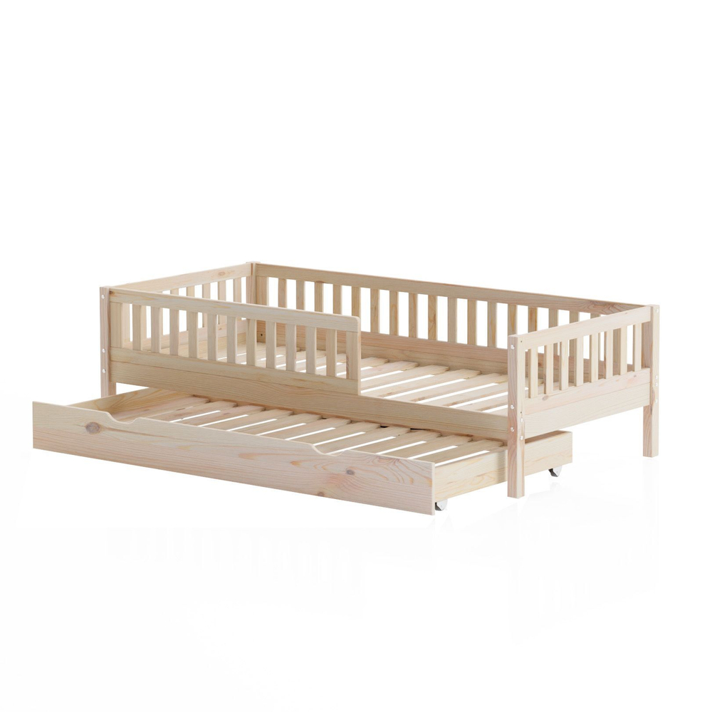 Односпальная кровать 90х190 Лили с выдвижным спальным местом из массива сосны, лак